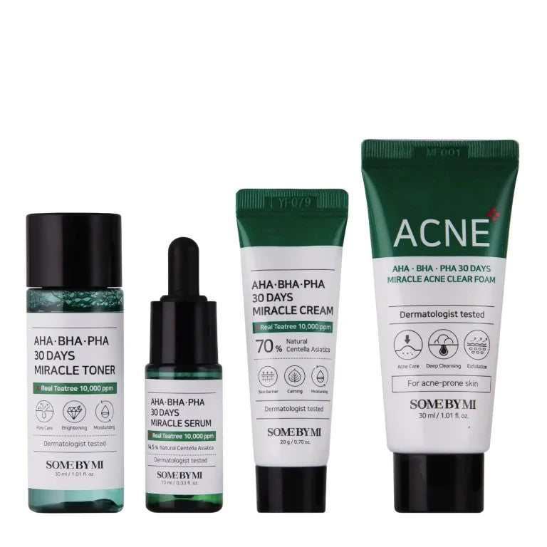 Some By Mi AHA BHA PHA 30 Days Miracle Acne Kit with four mini sizes of cleanser, toner, serum and cream arranged in a box for acne-prone skin