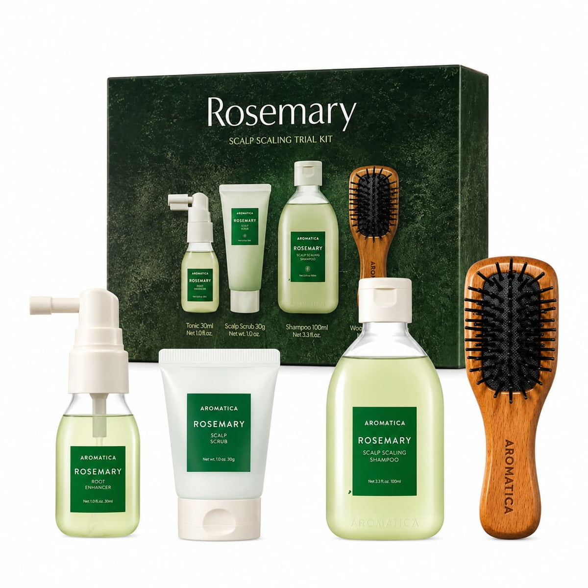 AROMATICA Rosemary Scalp Scaling Trial Kit, koreanisches Kopfhaut-Set mit Rosmarin und Mini-Holzbürste für fettige Kopfhaut