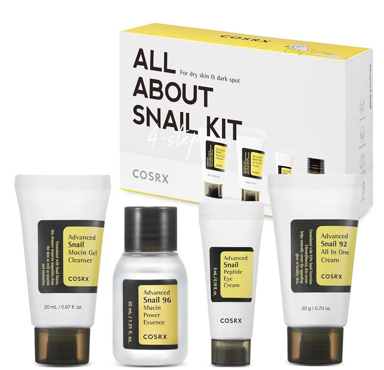 COSRX All About Snail Kit, 4-teiliges koreanisches Pflege-Set mit Schneckenmucin für trockene und empfindliche Haut
