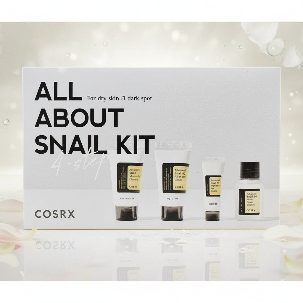 COSRX All About Snail Kit, 4-teiliges koreanisches Pflege-Set mit Schneckenmucin für trockene und empfindliche Haut